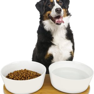 LIHONG Juego de cuencos de cerámica para perros, comida y agua con bandeja de madera antideslizante, tazón doble de comida para mascotas para perros LIHONG Juego de cuencos de cerámica para perros, comida y agua con bandeja de madera antideslizante, tazón doble de comida para mascotas para perros
