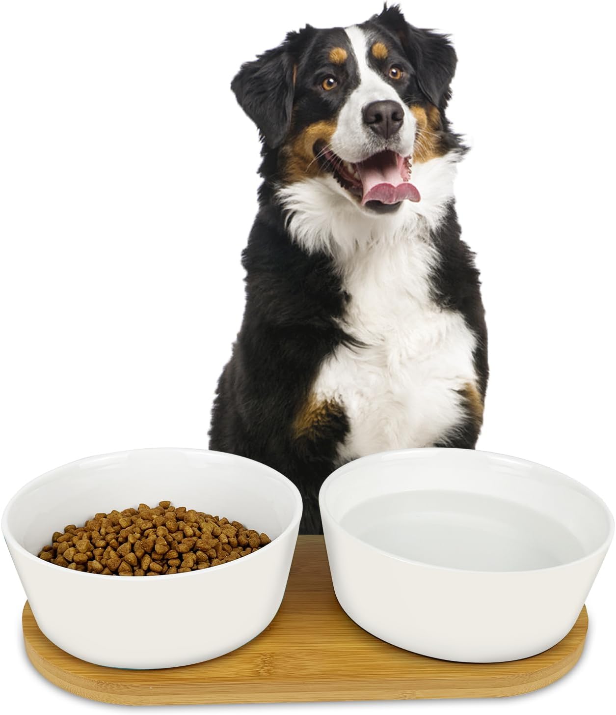 LIHONG Juego de cuencos de cerámica para perros, comida y agua con bandeja de madera antideslizante, tazón doble de comida para mascotas para perros