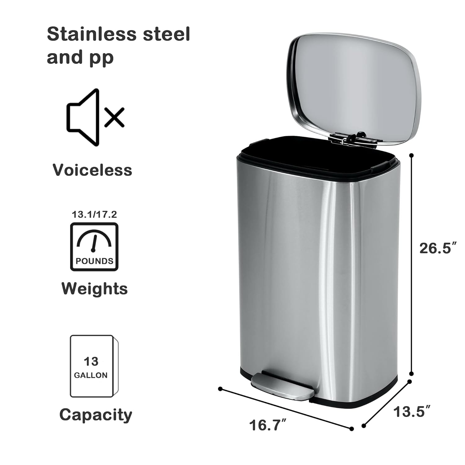 Basurero de cocina con tapa, cubo de basura de 13 galones con pedal de pie y cubo interior extraíble, cubo de basura de acero inoxidable manos