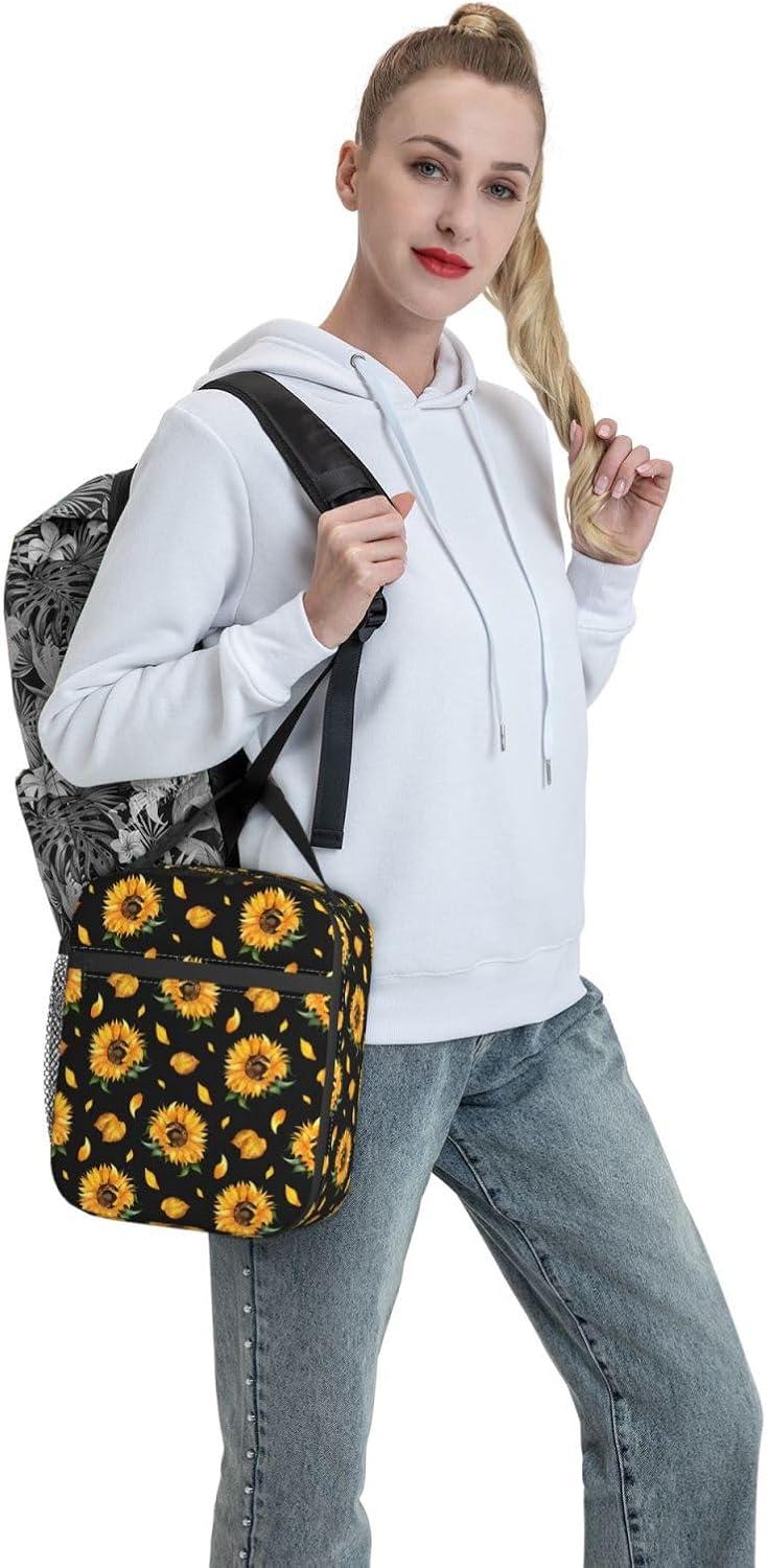 Lonchera con diseño floral de girasol negro, bolsa de almuerzo aislada con flores para mujeres y hombres, reutilizable, portátil, a prueba de fugas,