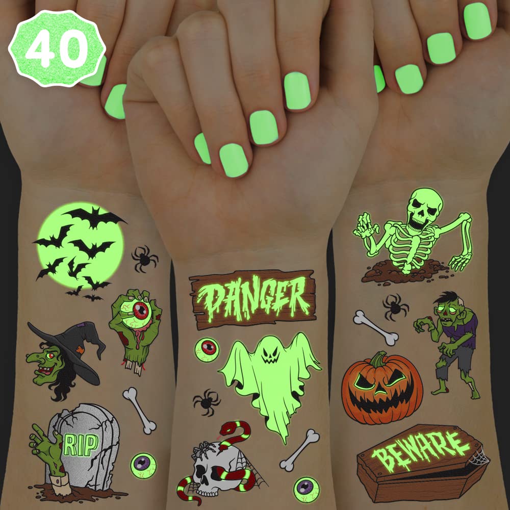 xo, Fetti Tatuajes temporales de Halloween para niños – 40 estilos de tatuajes que brillan en la oscuridad  Decoraciones de Halloween, esqueletos,