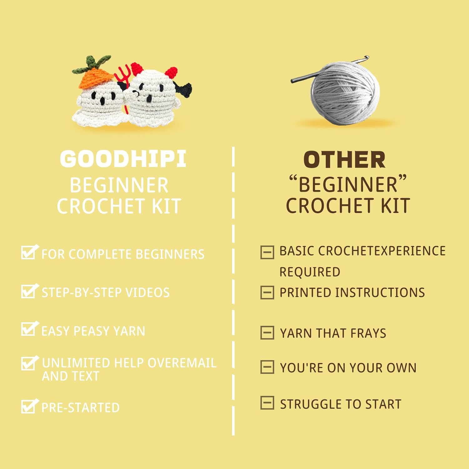 Kit de ganchillo para principiantes que brillan en la oscuridad, kit de inicio de ganchillo con tutoriales en video paso a paso, muñeca fantasma,
