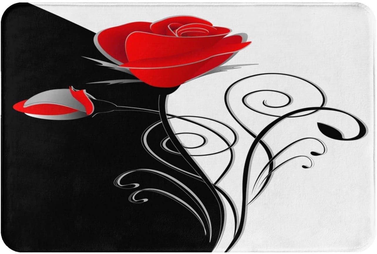 Alfombra de baño antideslizante vintage floral con flores rojas, rosa, negro y blanco, suave, peluda, de pelo bajo, alfombra para baño, ducha y