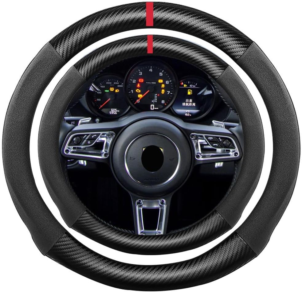 K LAKEY Funda de volante de fibra de carbono de gamuza, compatible con Porsche 718 Boxster Cayman 911 Panamera Macan Cayenne de 15 pulgadas, suave