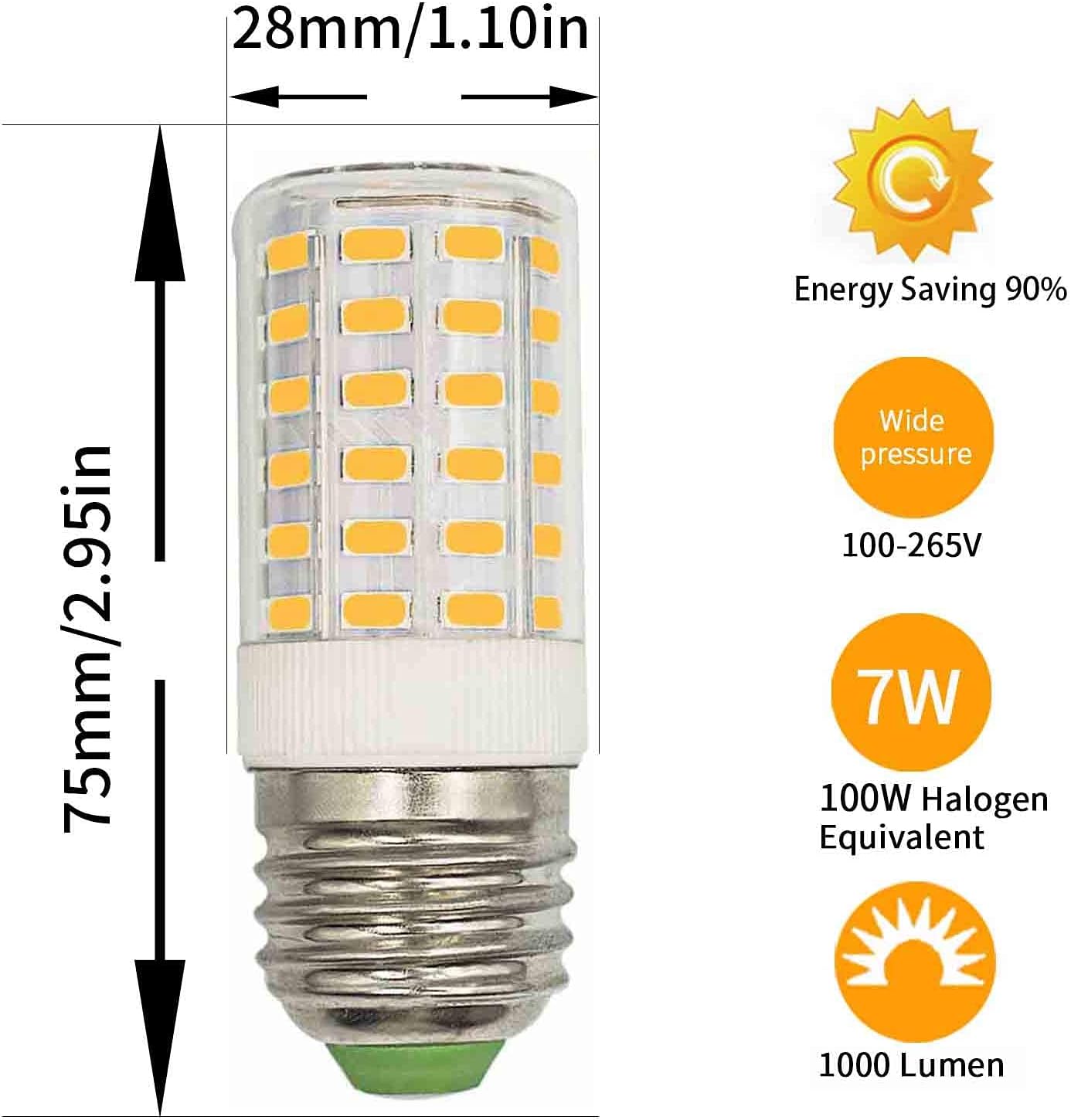 Bombilla LED para refrigerador CA 100-265V 7W E26 100W Luz equivalente halógena blanco cálido 3000K 1000 lúmenes, base de tornillo medio, cocina,