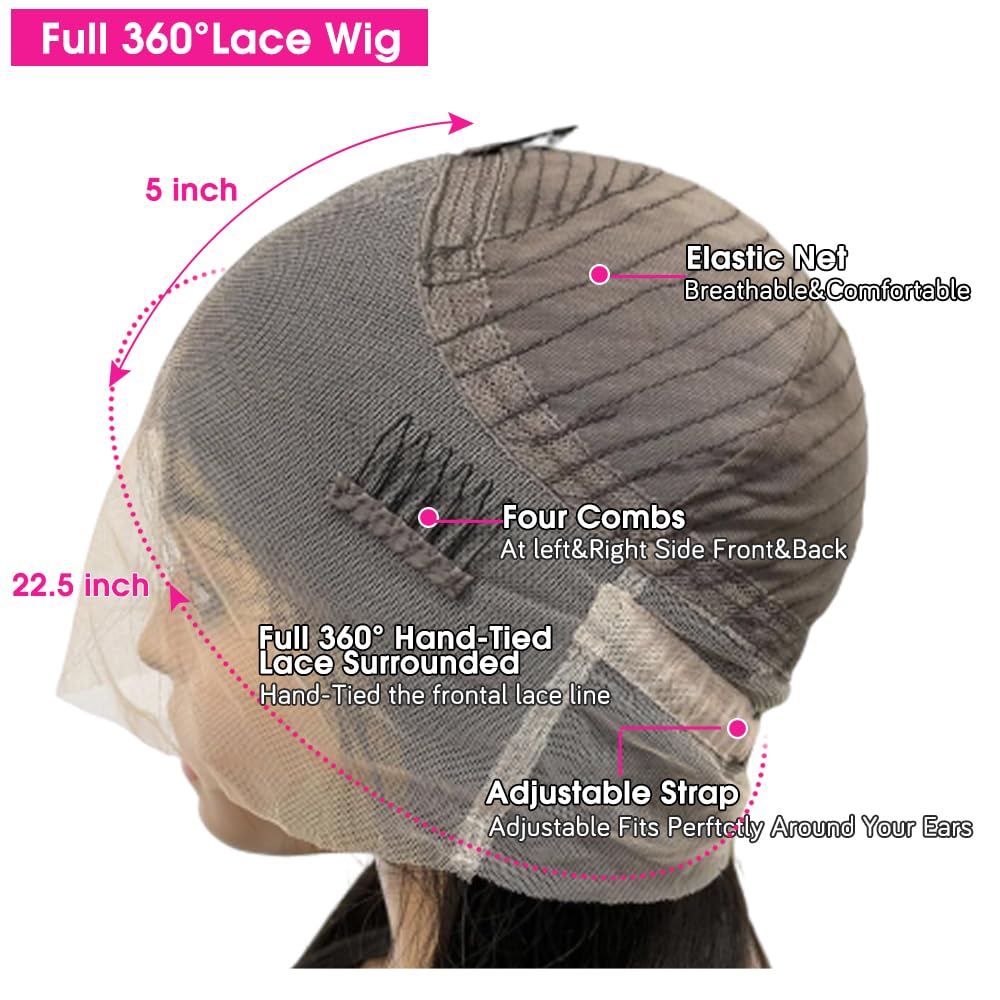Maxine Pelucas de cabello humano ondulado 360 con encaje frontal prearrancado, sin pegamento, densidad del 180%, pelucas de cabello humano de 22