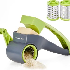 KucheCraft Rallador de queso con asa, rallador de queso parmesano de cocina con 2 tambores de acero inoxidable, rallador de queso giratorio de mano KucheCraft Rallador de queso con asa, rallador de queso parmesano de cocina con 2 tambores de acero inoxidable, rallador de queso giratorio de mano