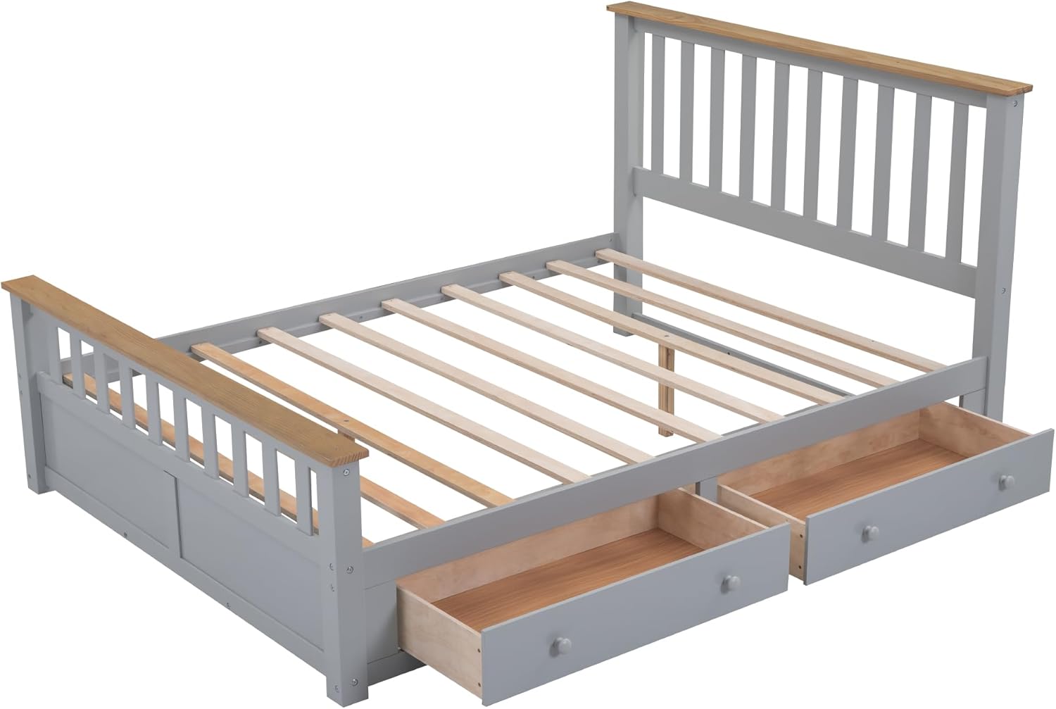 Merax Cama de plataforma tamaño Queen, plataforma de madera con 2 cajones y soporte de listones de madera, gris + natural