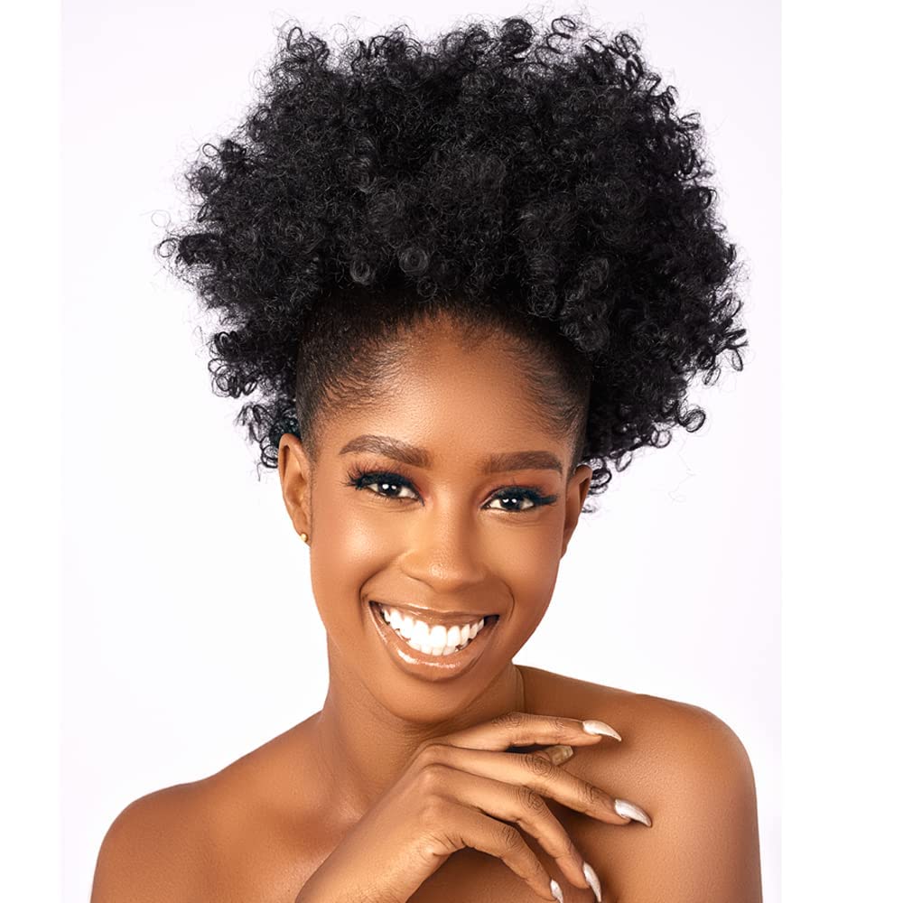 CECINILL Extensión de cola de caballo rizada con cordón para mujeres negras, extensiones de cabello sintético corto afro kinkys rizado con dos clips