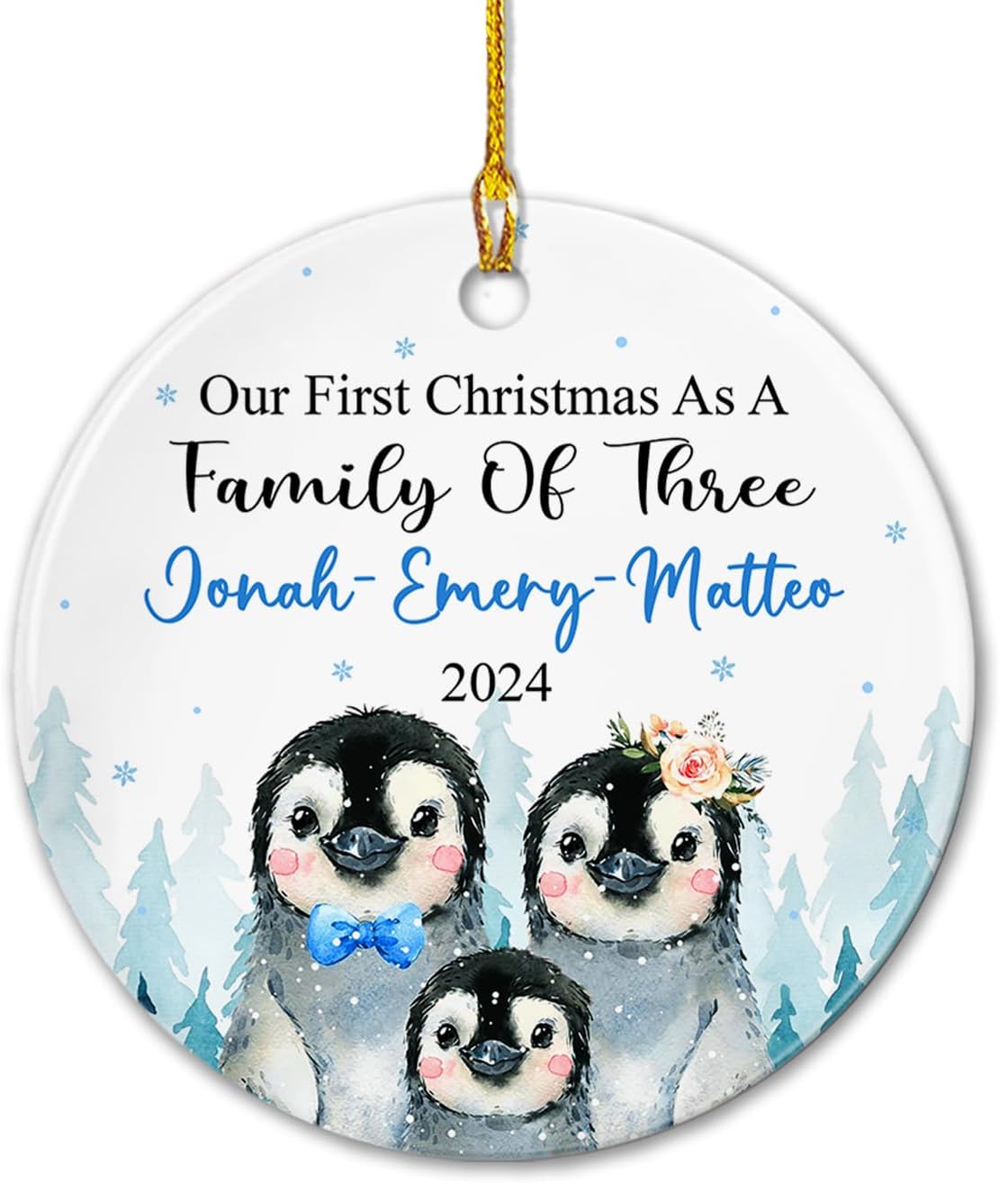 Adorno de cerámica personalizado de una familia de tres pingüinos, nuestra primera Navidad como familia de tres adornos, nombres personalizados y