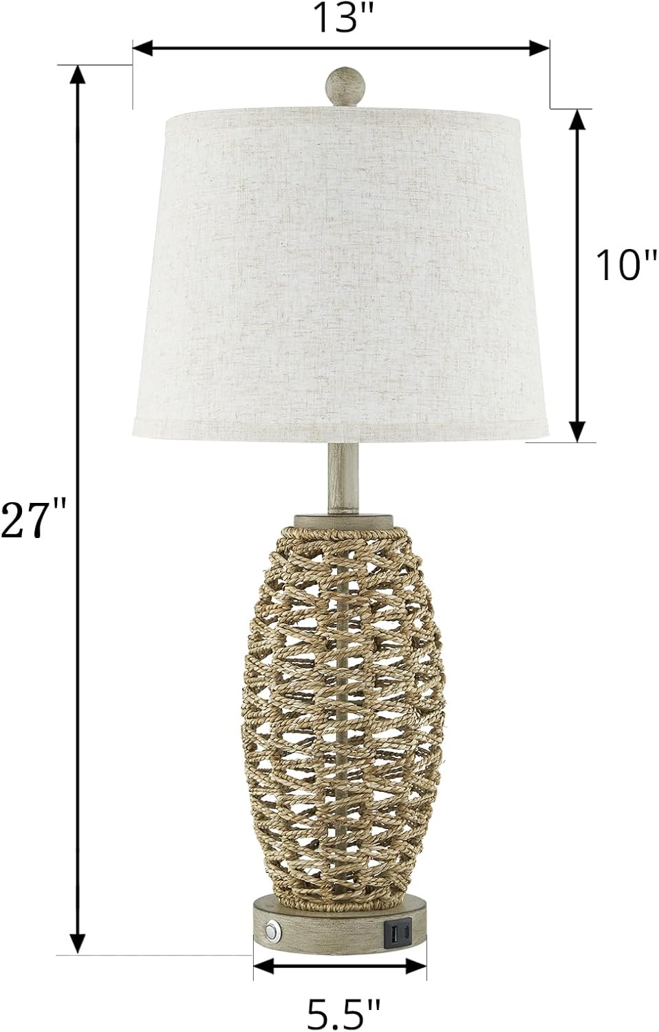 Juego de 2 lámparas de mesa de ratán natural de 27 pulgadas, interruptor táctil, lámparas de noche regulables de 3 vías, con puertos de carga USB
