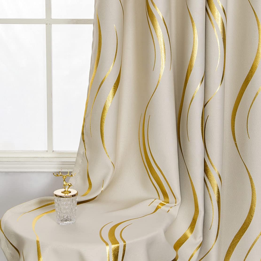 MYRU Juego de 2 paneles de cortinas de rayas con estampado de aluminio para sala de estar y dormitorio (beige y dorado, 2 x 54 pulgadas de ancho x