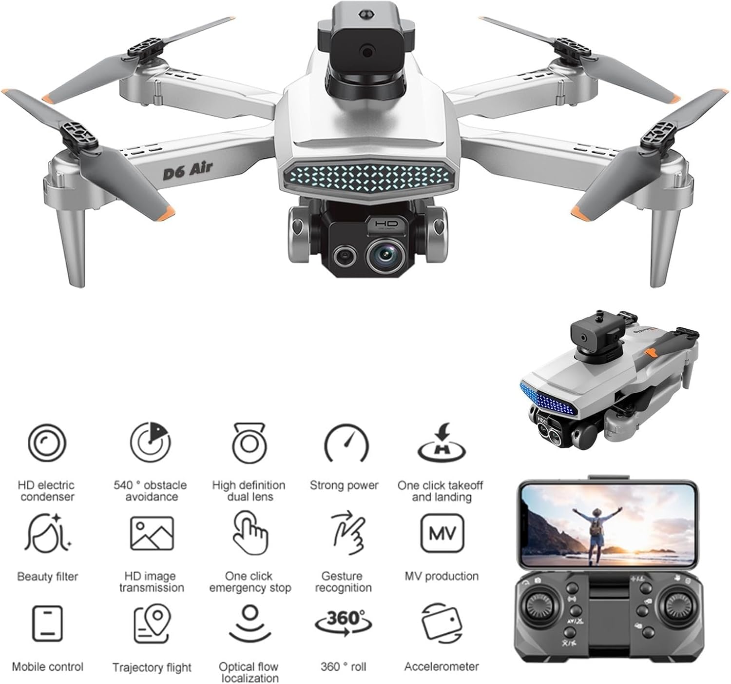Drone RC Quadcopter con 4k HD Fpv Cámara Tres Lente Wifi Control Remoto Aéreo Drone Multirotors Start Speed Circle Fly Altitude Hold Modo sin cabeza