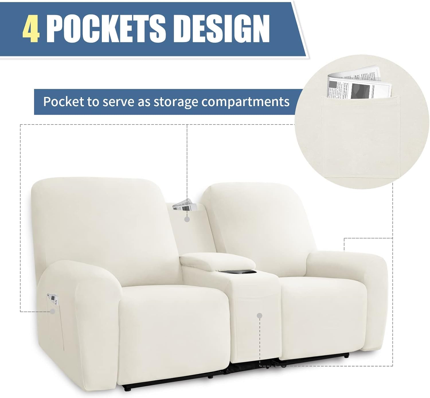 Easy-Going Funda elástica para sofá reclinable con consola central, suave vellón ajustable de 2 asientos con soporte y almacenamiento, protector de