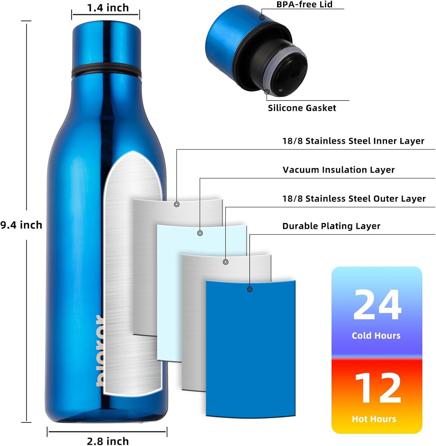 BJPKPK Botellas de agua aisladas, botella de agua de metal de acero inoxidable de 18 onzas con correa, termo a prueba de fugas, tazas y frascos,