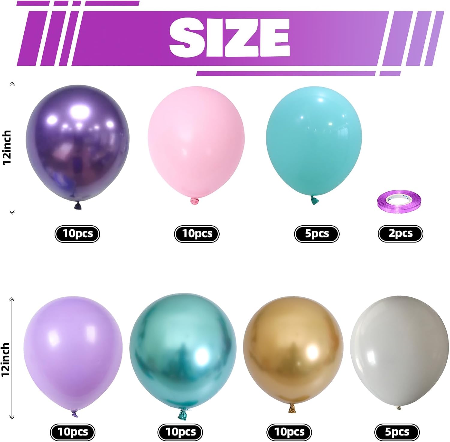 Globos de sirena, 60 paquetes de decoraciones de fiesta de cumpleaños con temática de sirena de 12 pulgadas con globos metálicos rosados, morados y