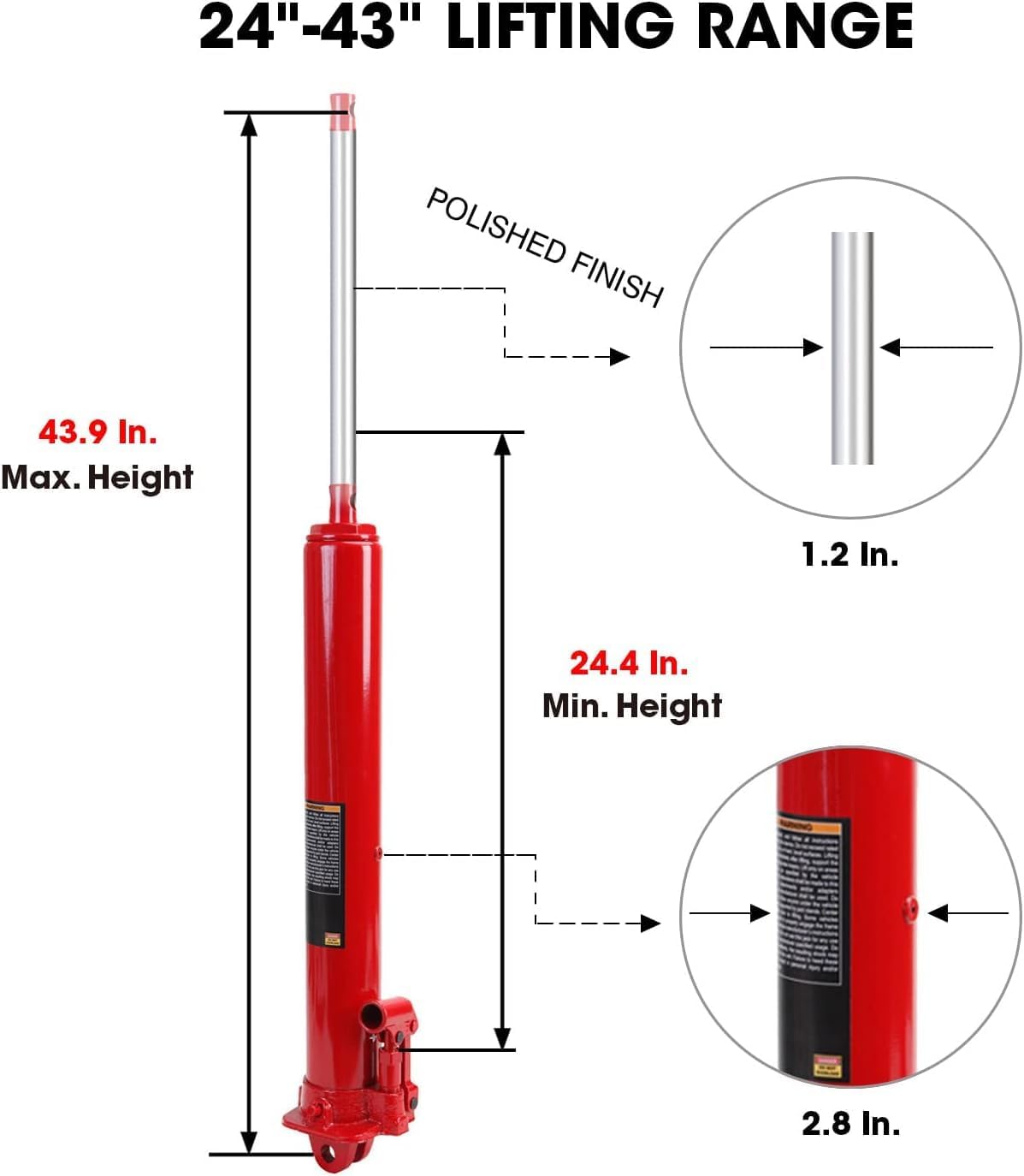 BIG RED Gato hidráulico largo Ram con bomba de pistón simple y base de horquilla (Compatible con garajegrúas de taller, polipastos de motor y más),