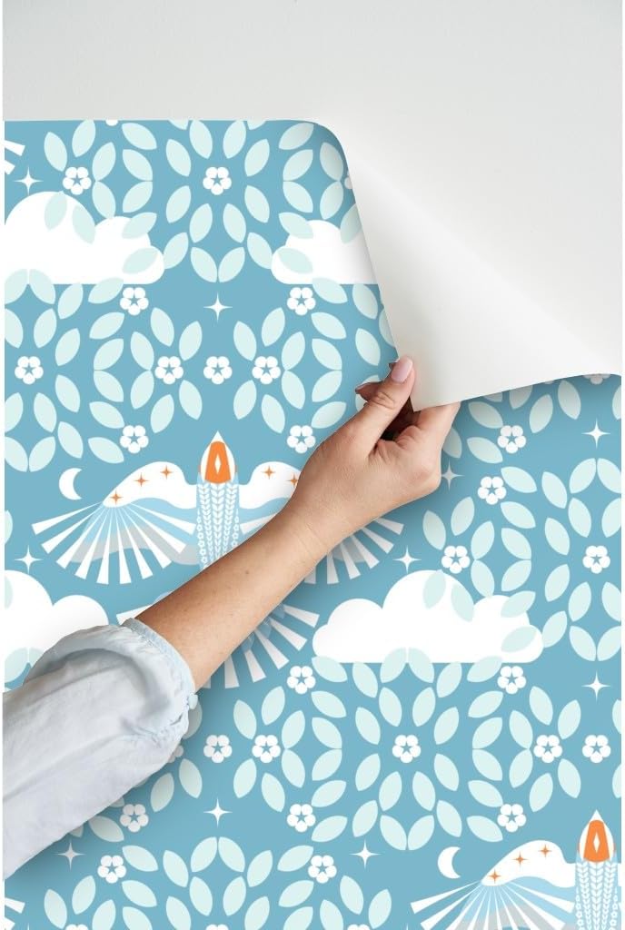 Spoonflower Papel tapiz para despegar y pegar – Blue Sky Folk Art Naranja Aqua Maximalista Magia Lucid Soñar Escandi Escandinavo Místico Grande