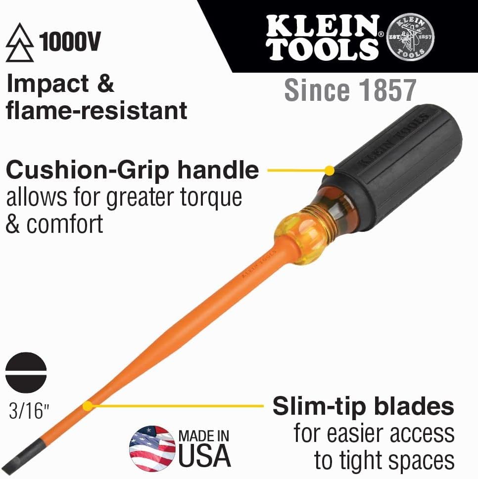 Klein Tools 6916INS – Destornillador aislado de punta delgada de 1000 V, vástago redondo de 6 pulgadas, punta de gabinete de 316 pulgadas, mango de