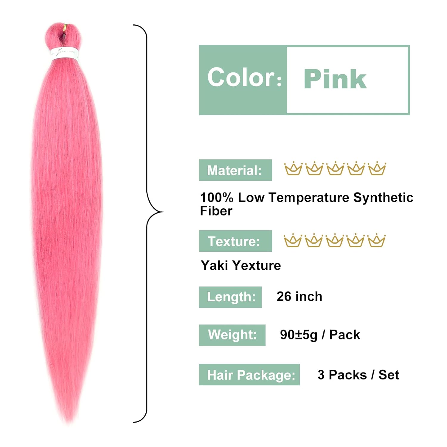 Kanekalon – Cabello trenzado rosa preestirado de 26 pulgadas, 3 paquetes de cabello trenzado preestirado EZ, ajuste de agua caliente, textura Yaki