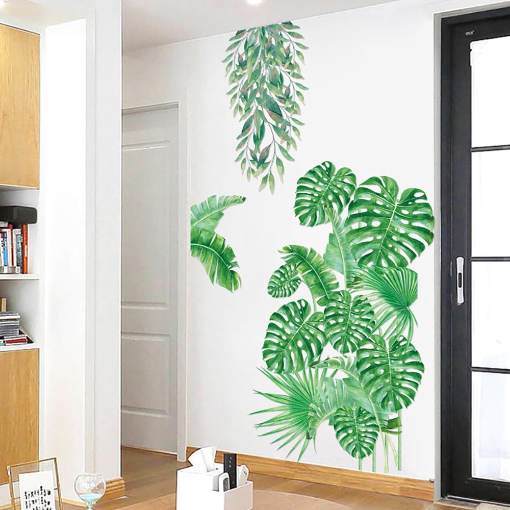 Calcomanías de pared grandes de hojas verdes, calcomanías de pared de hojas de plantas tropicales para colgar en la parte trasera de tortuga,