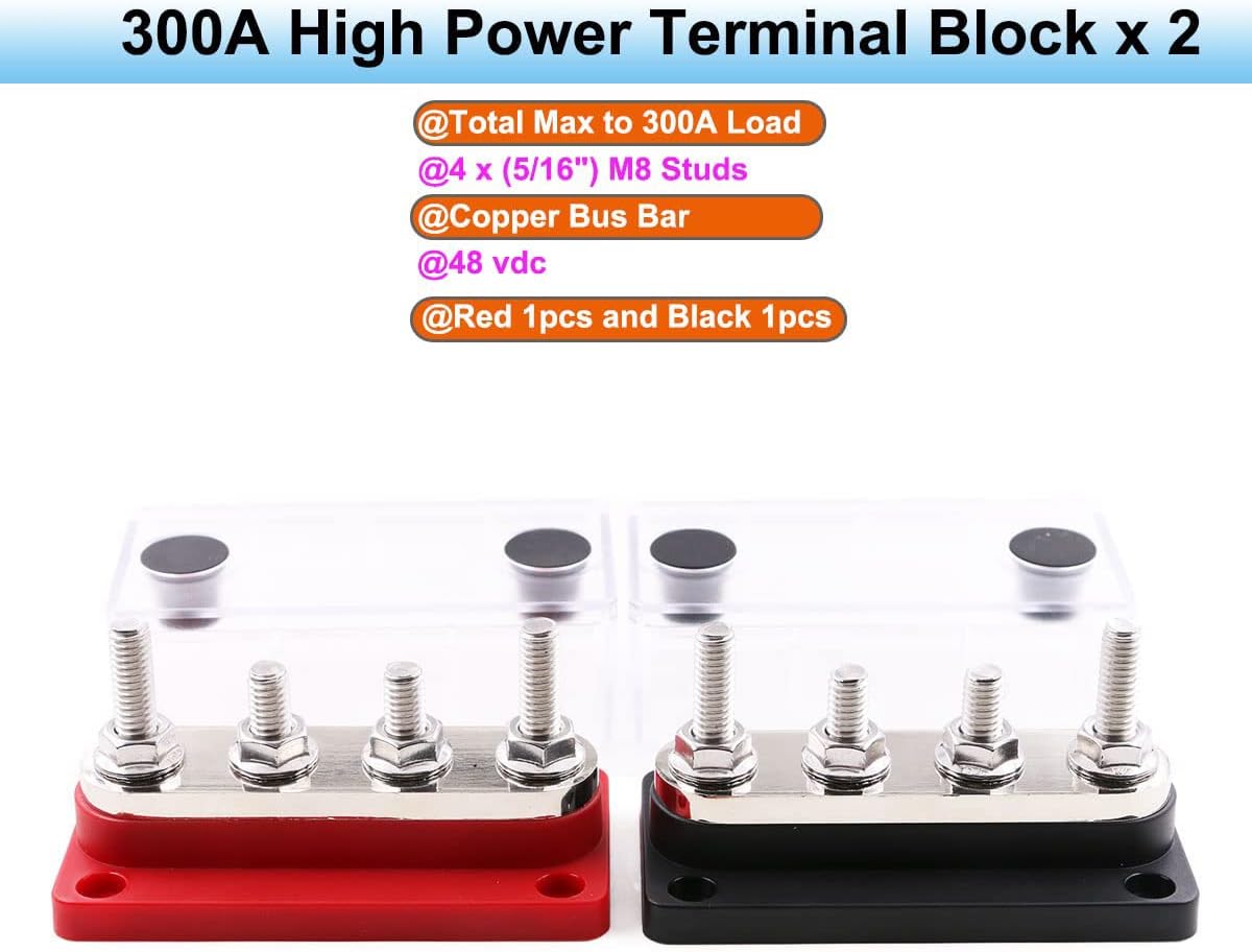 Gloaso Barras de bus de 12 V – 48 V CC y 300 amperios, hechas en cobre, módulo de servicio pesado 4 terminales de pernos de 516 pulgadas, bloque de