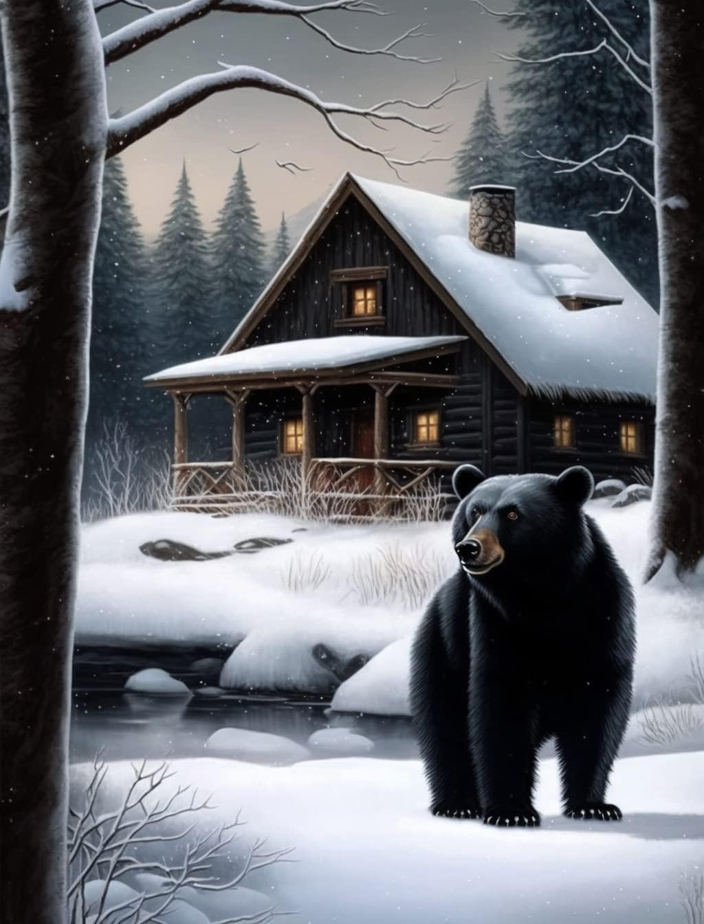 Rompecabezas de oso negro en la nieve de 100 piezas para adultos, belleza del bosque de invierno para principiantes, niños, manualidades, juego de