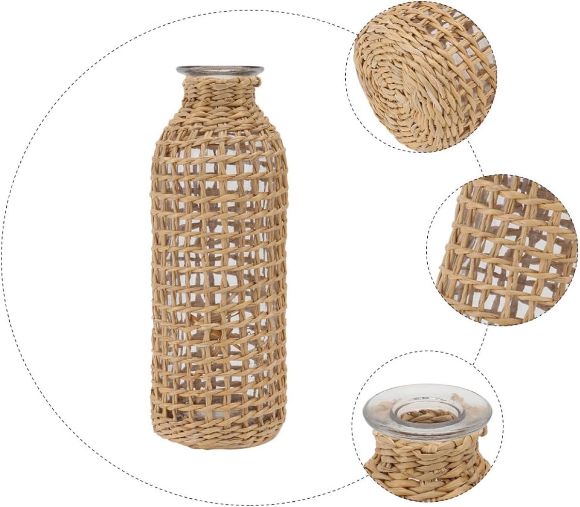 DECHOUS Jarrón de cristal bohemio para arreglos florales, jarrón pequeño decorativo para sala, jarrón de mimbre para decoración de plantas, florero,