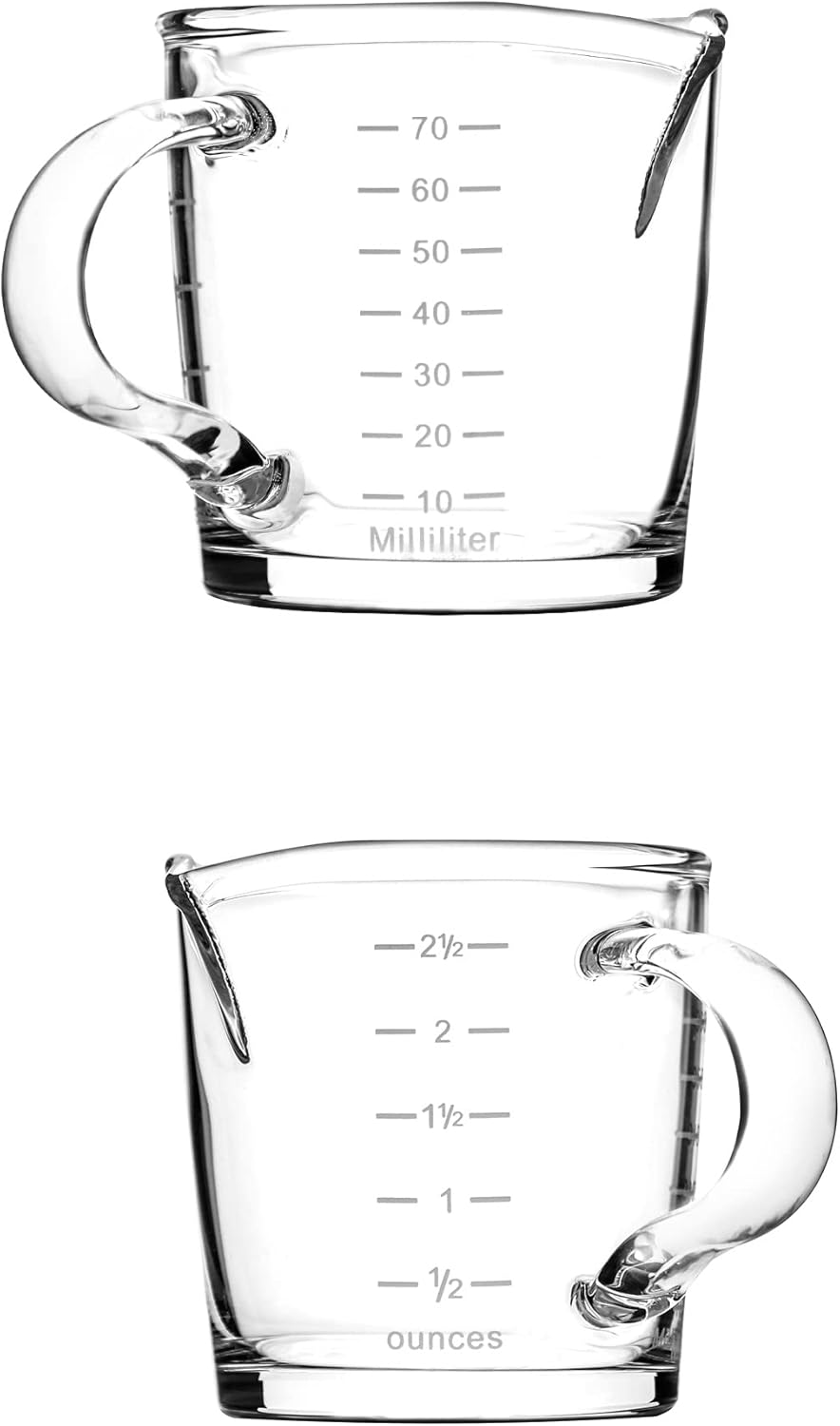 QWORK Vaso de chupito de café expreso con asa, paquete de 4 vasos medidores de vidrio de doble boquilla de 3 onzas, taza de leche triple con dos