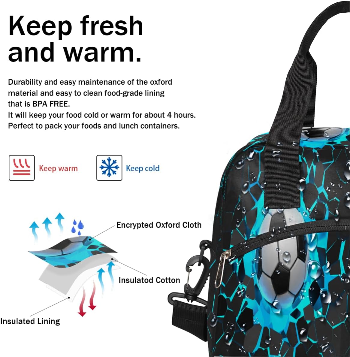 Lonchera de fútbol con impresión 3D, bolsa aisladaenfriadora para mujeres, hombres, niñas, niños, deportes, fútbol, bolsa de almuerzo con correa