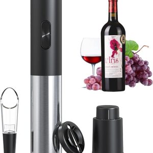 Abrevino eléctrico 4 en 1 juego de regalo con cortador de aluminio, tapón al vacío, vertedor de vino, funciona con pilas para fiestas, cocina y Abrevino eléctrico 4 en 1 juego de regalo con cortador de aluminio, tapón al vacío, vertedor de vino, funciona con pilas para fiestas, cocina y