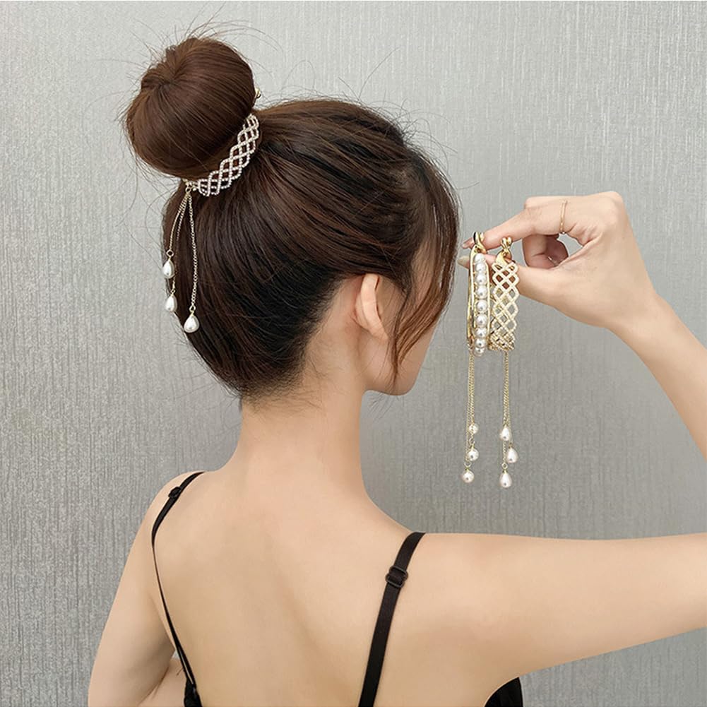 3 pinzas para el cabello con borlas y diamantes de imitación de perlas, pasadores de pelo de metal francés, soporte para moño, cola de caballo alta,