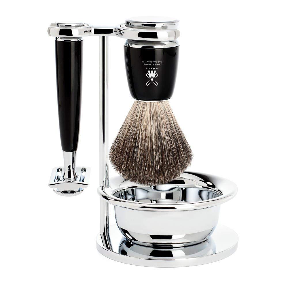 MÜHLE RYTMO – Juego de afeitar de seguridad de 4 piezas de tejón puro de doble filo (peine cerrado) para hombres, perfecto para uso diario, afeitado