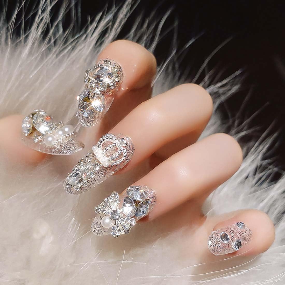 Uñas postizas a presión de almendra, ovaladas, medianas, uñas postizas acrílicas con diamantes de imitación 3D, diseños de lazo con purpurina en