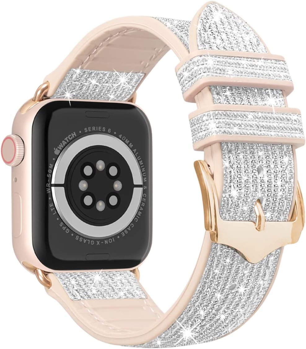 Correas delgadas con purpurina compatibles con Apple Watch Band iWatch Series 8 SE2 7 6 SE 5 4 3 2 1 1.772 in 1.614 in 1.496 in 1.575 in 1.654 in