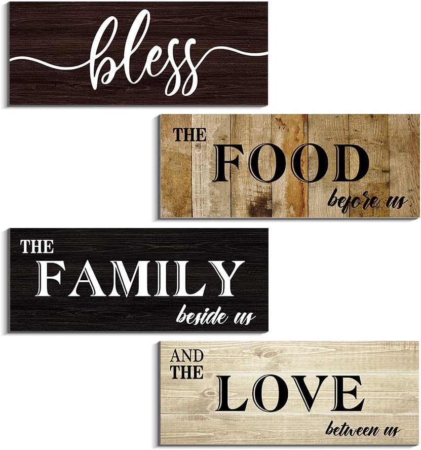 Creoate Letreros de cocina para decoración de pared, 4 piezas de madera con texto en inglés “Bless Food” para decoración de pared de cocina,