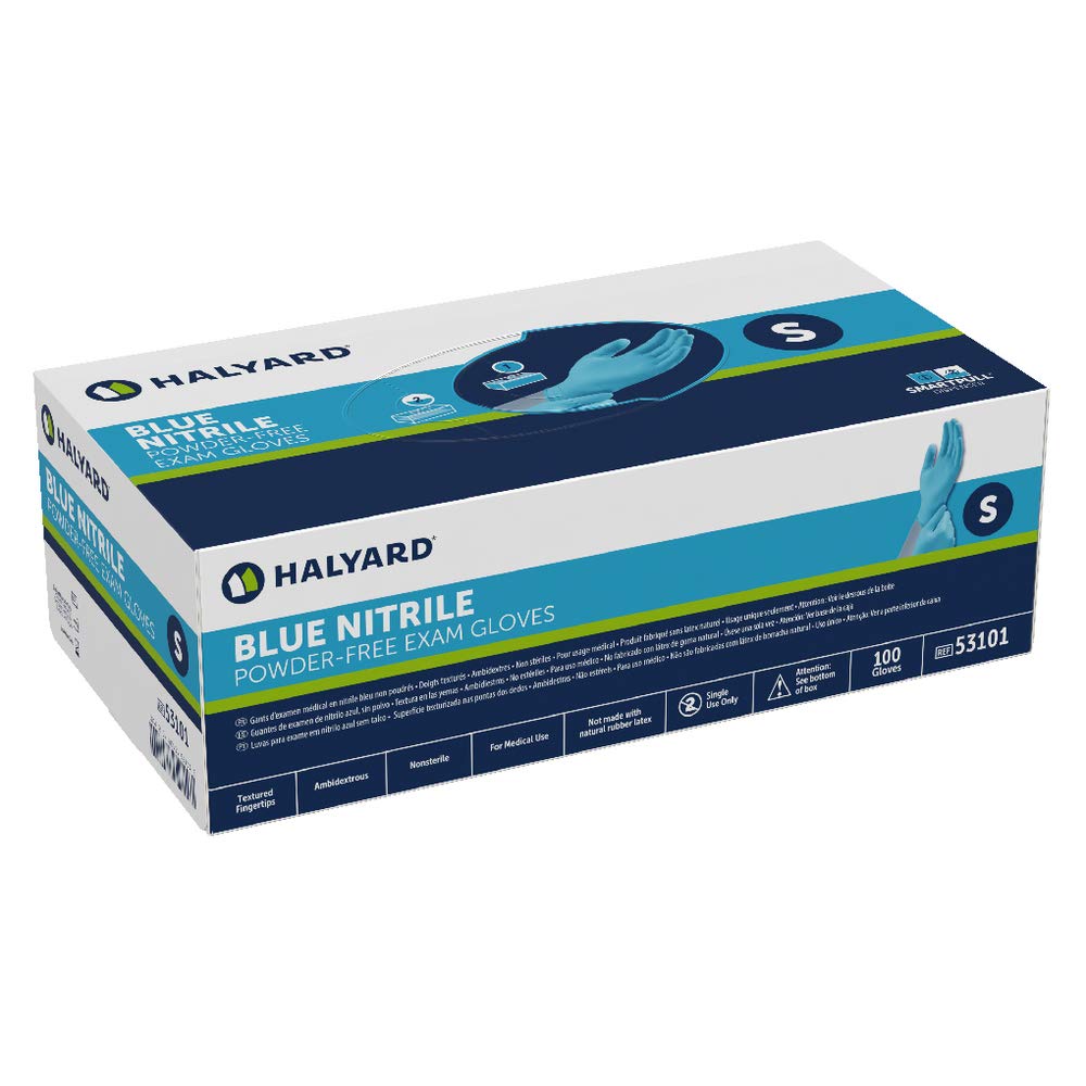 HALYARD Guantes azules de nitrilo para examen, sin polvo, no estériles, 5.9 mil, 9.5 pulgadas, azul, talla S, 53101 (caja de 100)