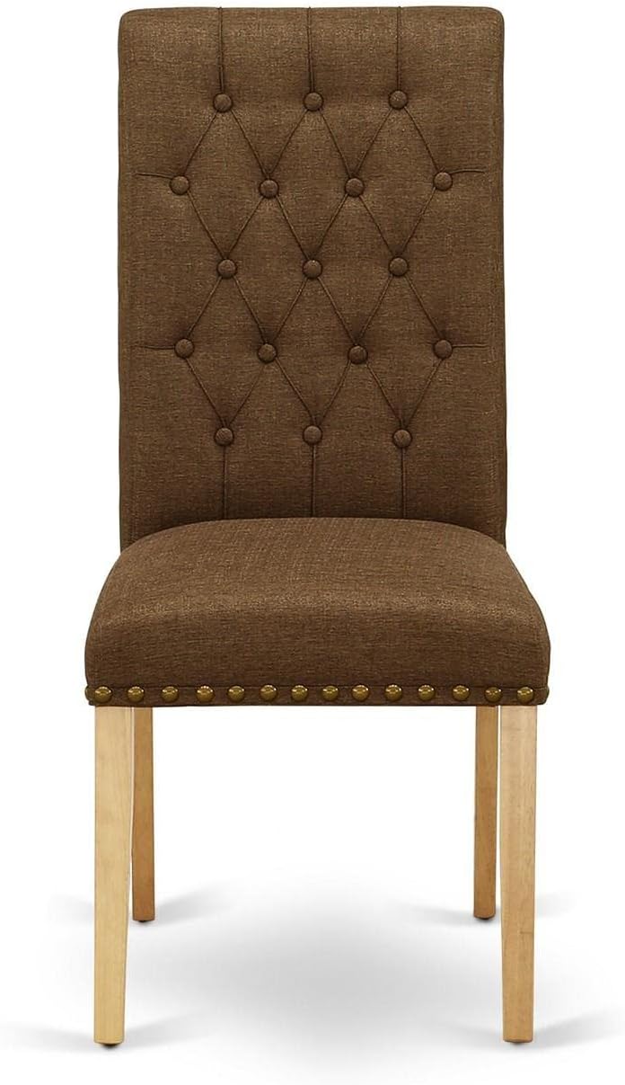 East West Furniture BRP4T18 Parson – Juego de 2 sillas de comedor tapizadas de tela de lino marrón con botones y ribete de clavos, color roble