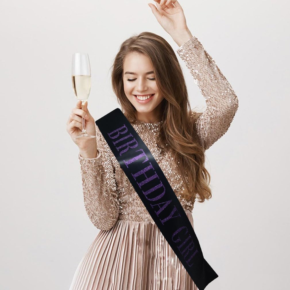 Banda de cumpleaños para mujer, banda de satén negro con purpurina morada, decoraciones de fiesta de princesa de feliz cumpleaños, suministros de