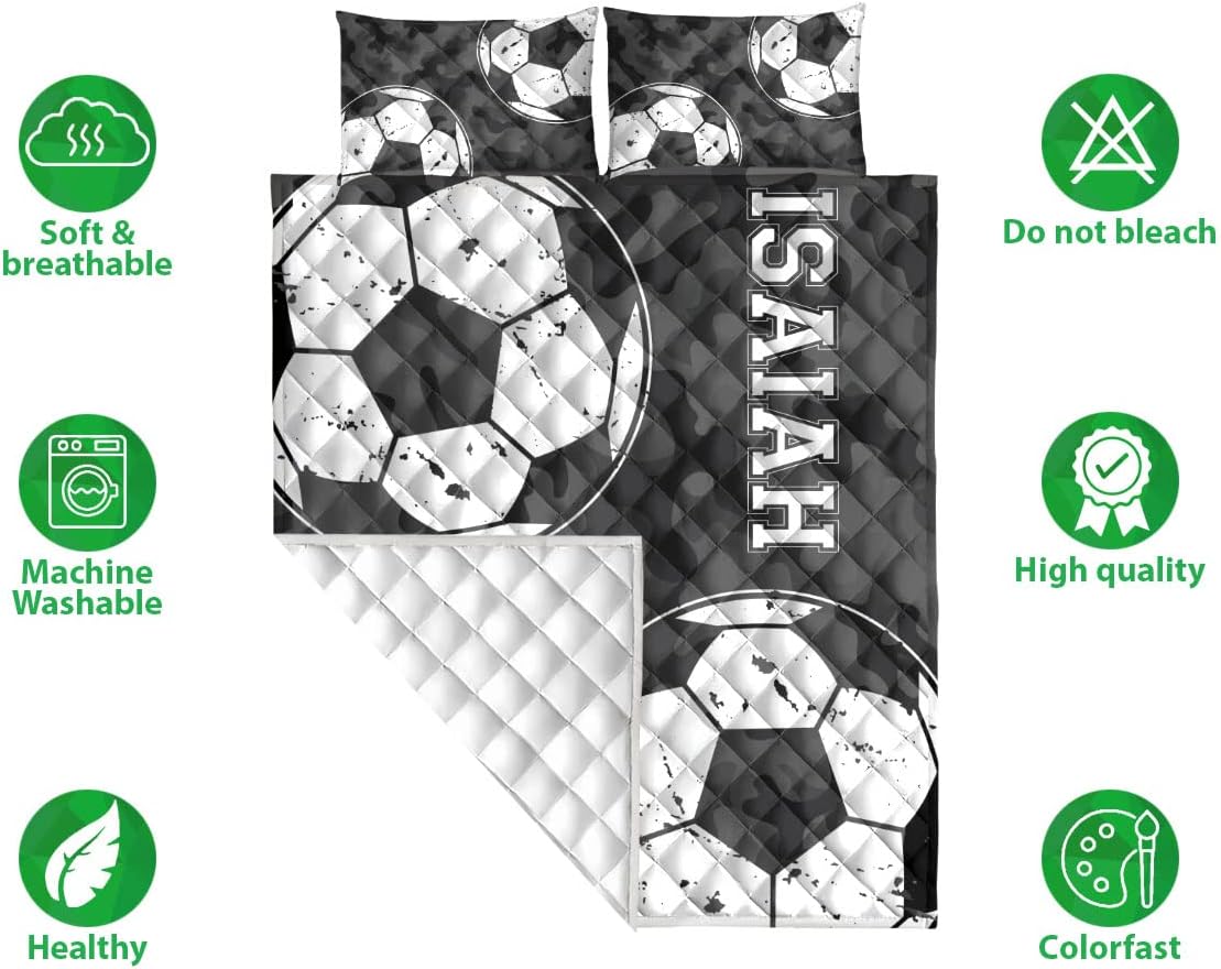 OhaPrints Balón de fútbol personalizado, diseño de camuflaje negro, regalo deportivo, manta personalizada con nombre y fundas de almohada, juego de
