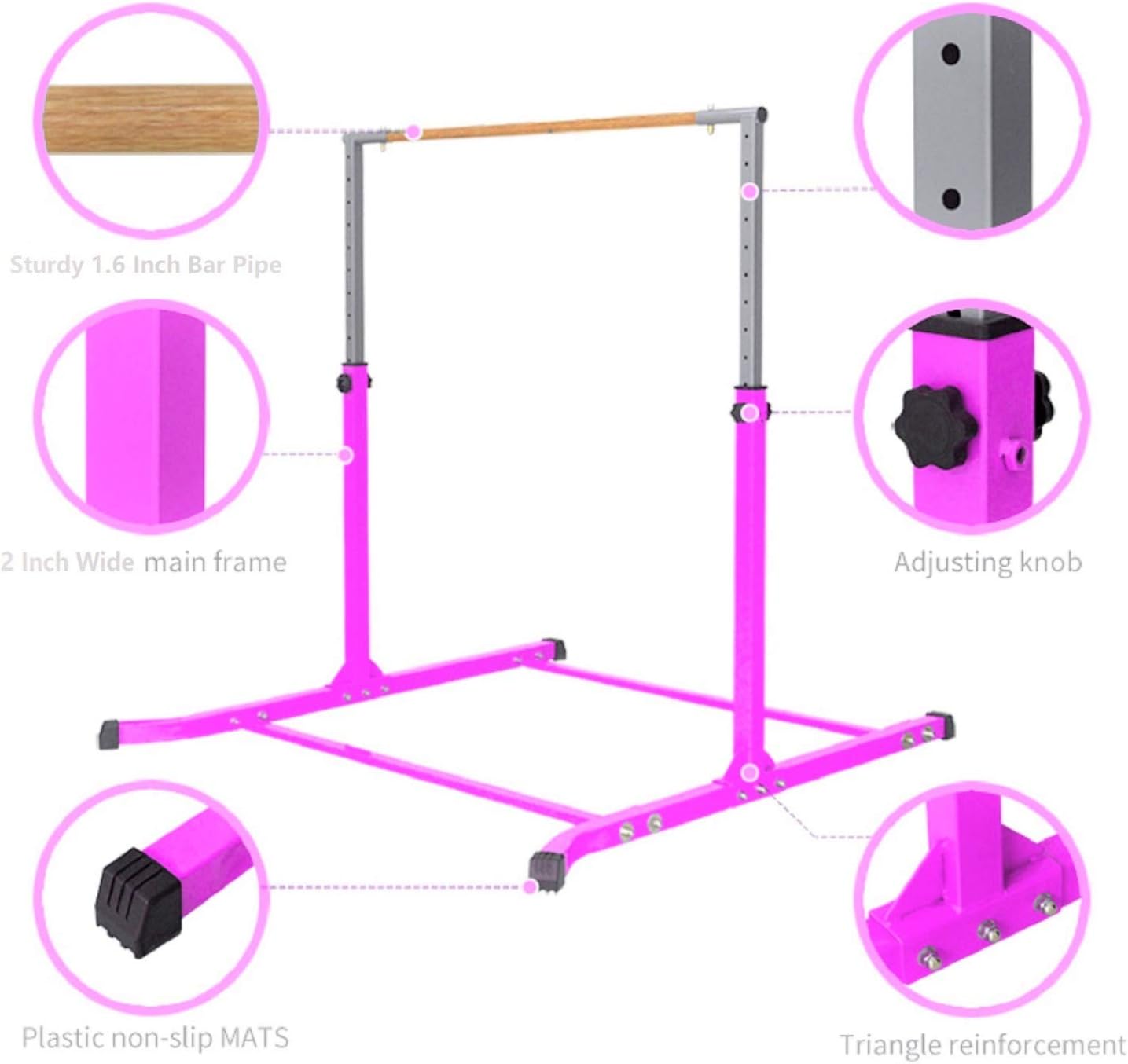 Gimnasia de 5 pies, atlética, barra horizontal, ajustable, Kip Bars, rosa, gimnasia, con guantes gratis, barra de gimnasia, para niños, hogar,