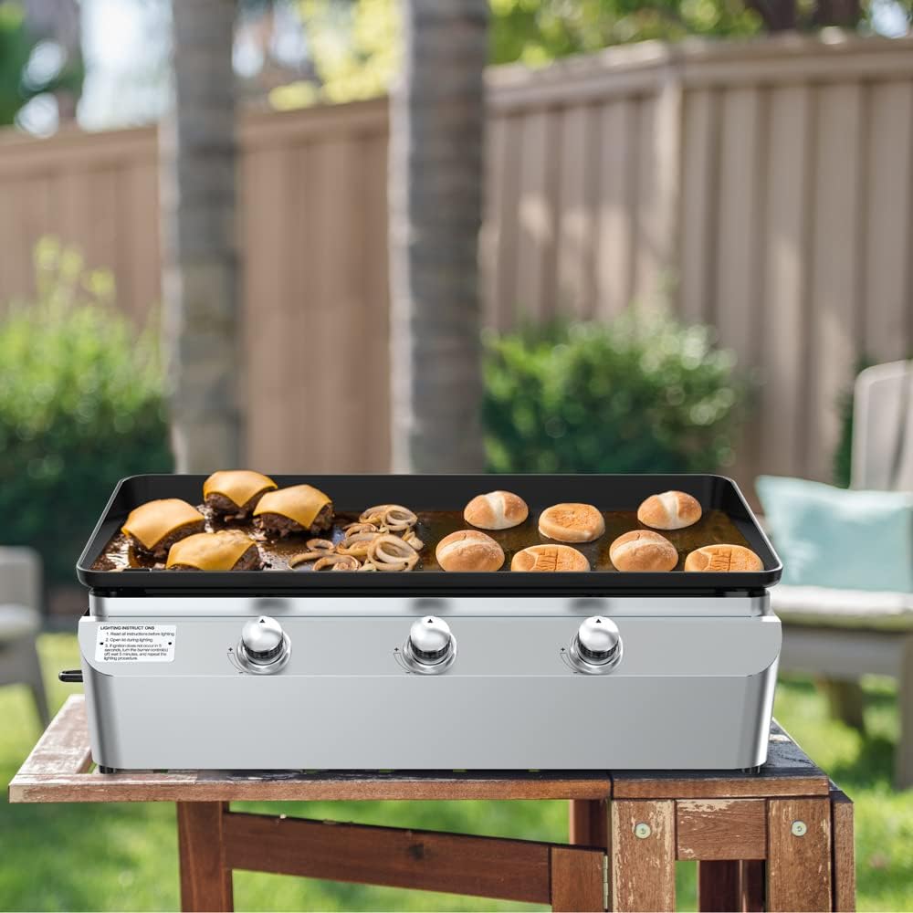 Nexgrill Plancha plana de 3 quemadores, 465 pulgadas cuadradas., perfecta para acampar, cocinar al aire libre, patio, plancha de acero inoxidable