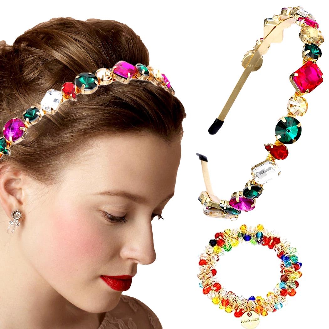 Coridy Diademas barrocas doradas con diamantes de imitación finos con lazos para el cabello con cuentas, aros de cristal coloridos para el cabello,