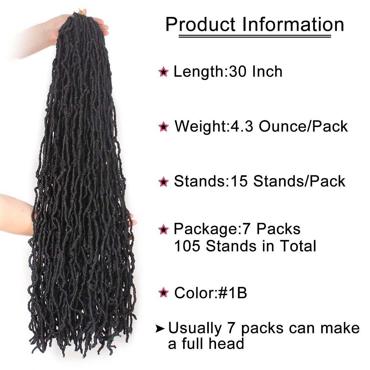Leeven Rastas de ganchillo sintéticas suaves de 30 pulgadas, 7 paquetes de trenzas de ganchillo color negro natural, estilo bohemio, extensiones de
