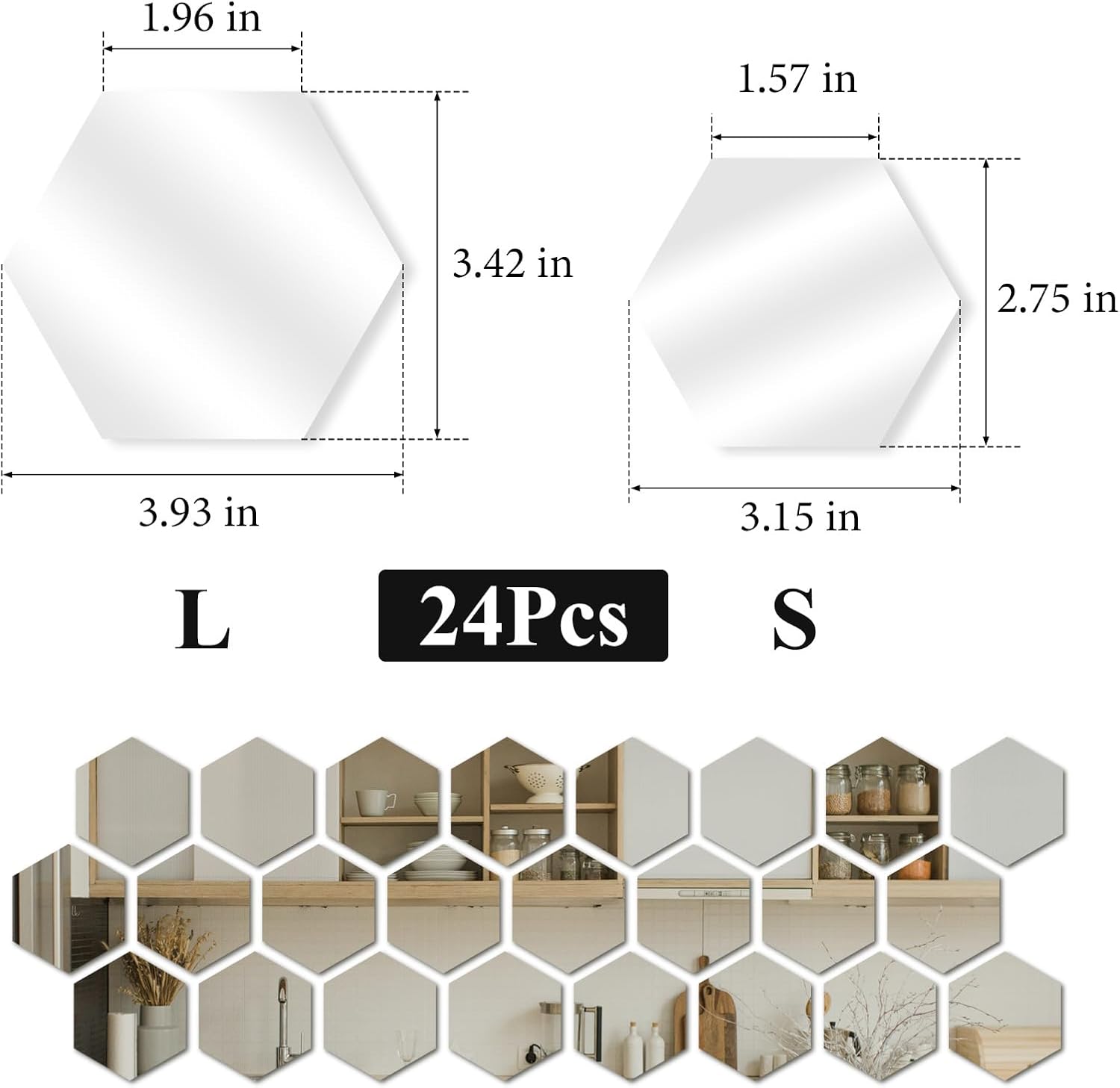 WisePoint 24 calcomanías de pared de espejo, calcomanías hexagonales de acrílico con respaldo autoadhesivo, espejos extraíbles para decoración del