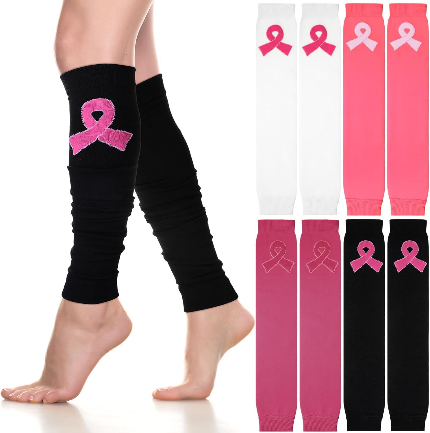 Hercicy 4 pares de mangas deportivas de compresión para niñas y niños, para concientización sobre el cáncer de mama, con cinta rosa