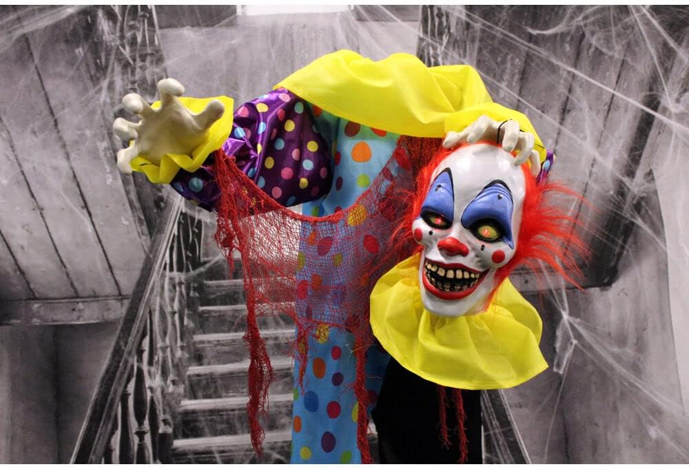 Haunted Hill Farm Payaso parlante animatrónico de tamaño real con luces y sonidos activados por el tacto, funciona con pilas, decoración de