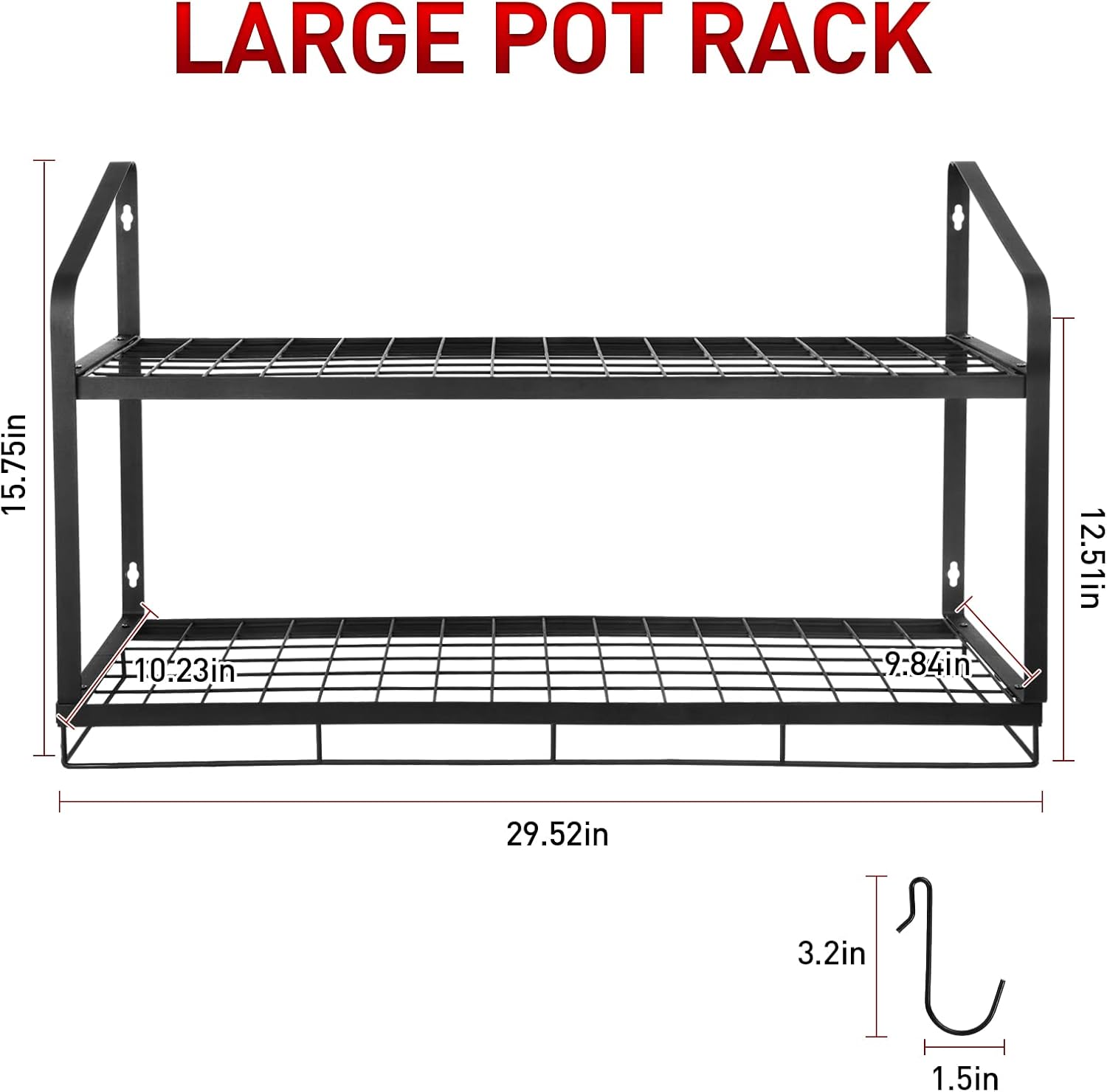 Estante colgante para ollas, 2 niveles, soportes para ollas de pared para almacenamiento de cocina, organizador de ollas y sartenes con 10 ganchos,