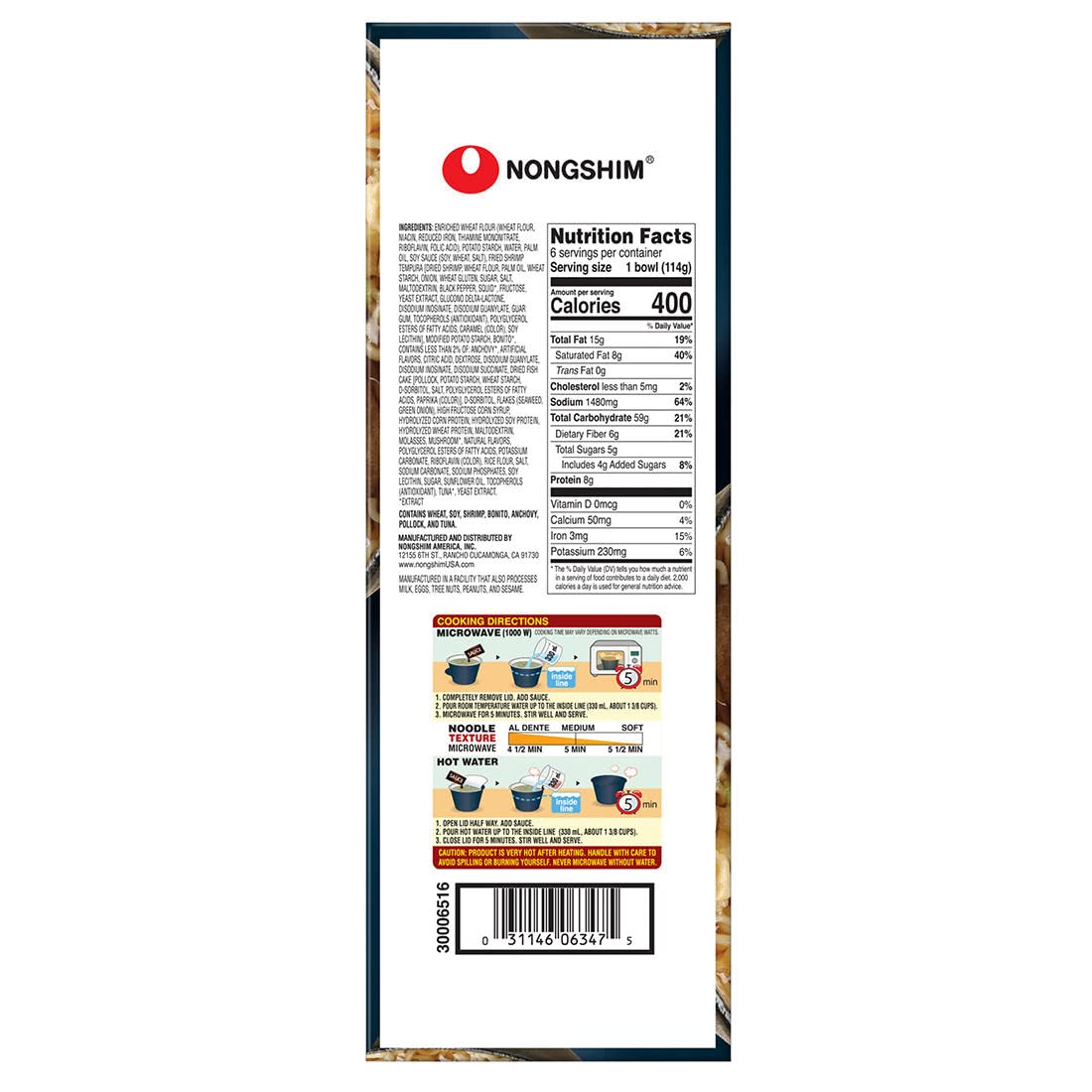 Nongshim Fideos prémium estilo Udon con tempura de camarones, hechos con auténtico condimento estilo Udon, 24.13 oz  6 x 4.02 oz