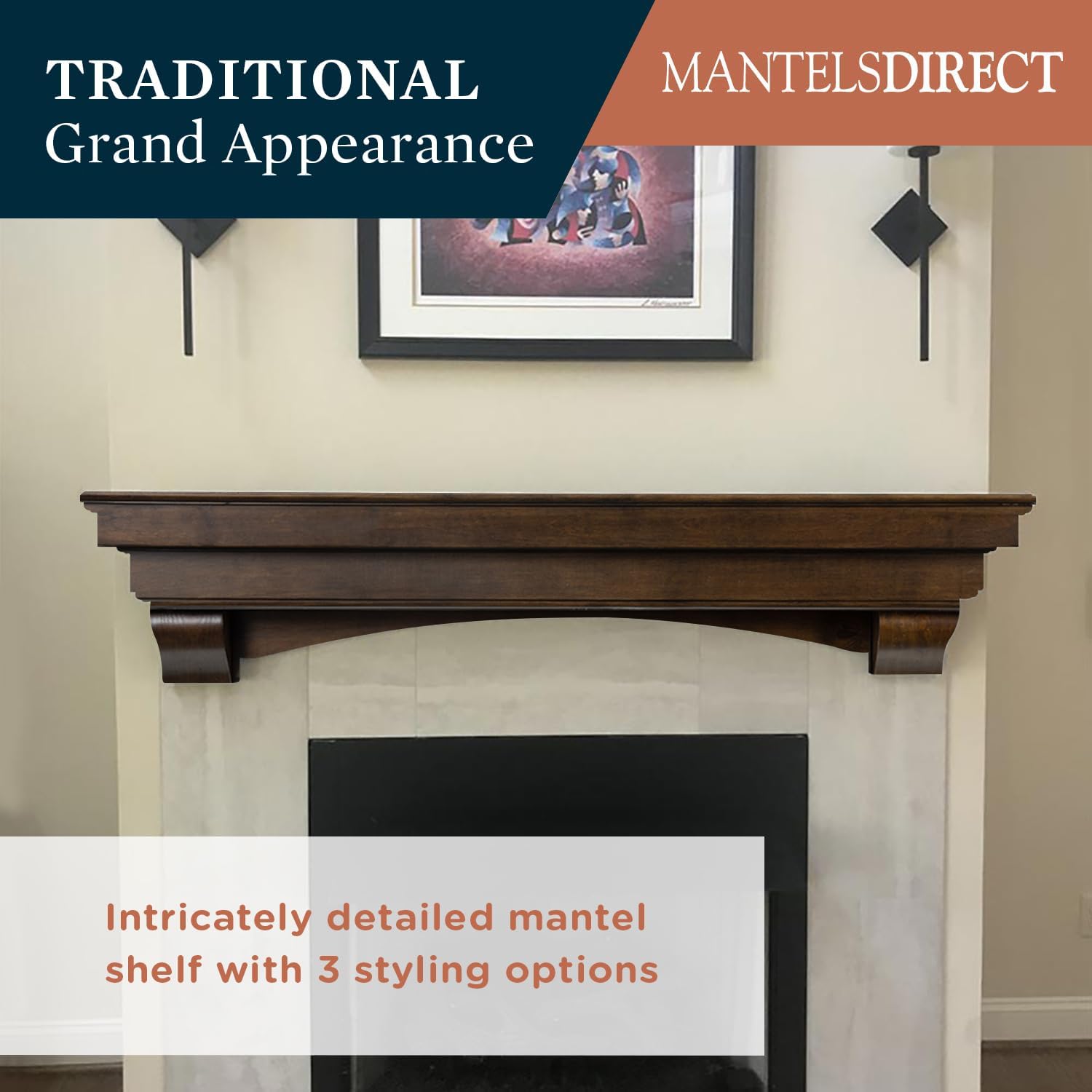 MANTELSDIRECT Mantels Direct Salem – Estantería de madera con ménsulas arqueadas, palisandro de 60 pulgadas, estante rústico de madera de pino para